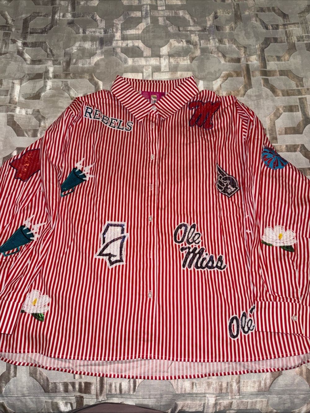 Queen of sparkles Ole Miss Fanatics Red and White Striped Button-down Shirt